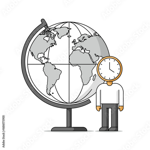 Boy standing beside globe with big clock