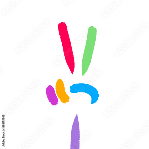 Abstract victory hand sign with rainbow brush stroke design on transparent background
