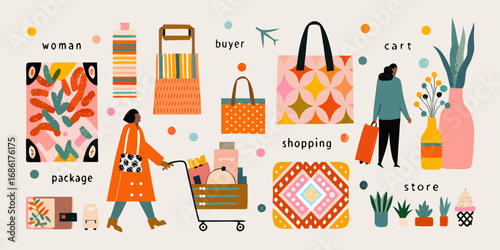 Woman with shopping cart and bags colorful abstract patterns and store items in a flat design style