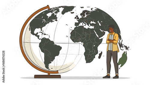 Student with book studying world globe