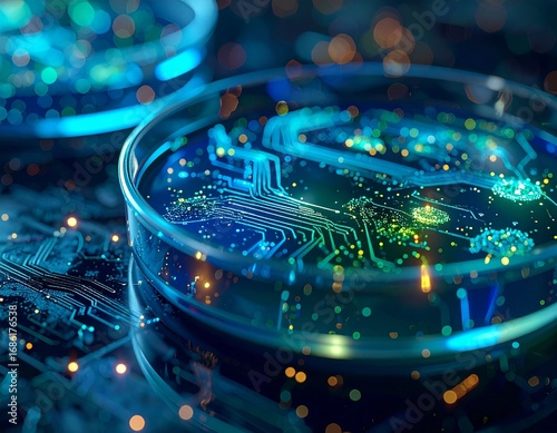 Advanced Petri Dish with Glowing Digital Circuits: Bio-Computer Innovation Concept
