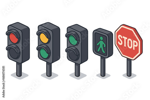 Isometric traffic light and stop sign icon set. Vector illustration of road safety signals for traffic control, including red, yellow, green lights and pedestrian crossing.