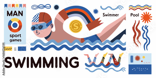 Man swimmer in pool with colorful abstract elements and swimming text for sport games
