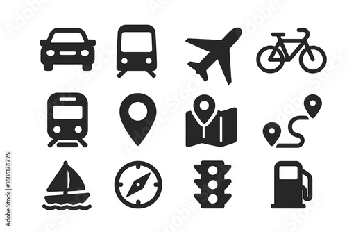 Transportation and travel icon set. Solid glyph symbols for navigation, traffic, and location. Vector illustration of car, plane, train, boat, map pin, route, and compass.