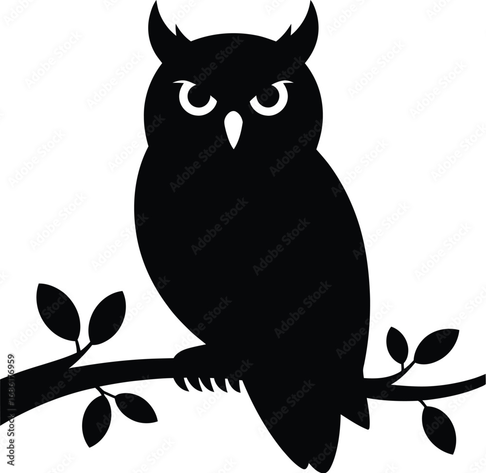 Fototapeta premium Black owl perched on branch silhouette bird