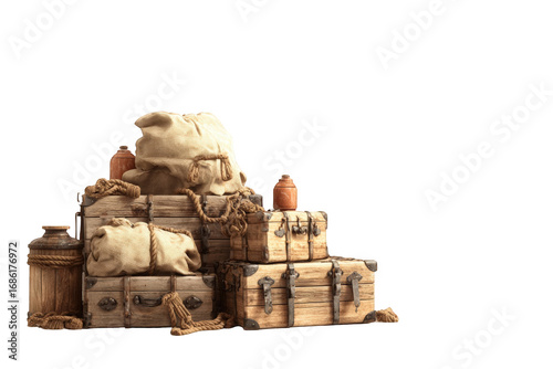 Stacked vintage wooden chests and sacks
