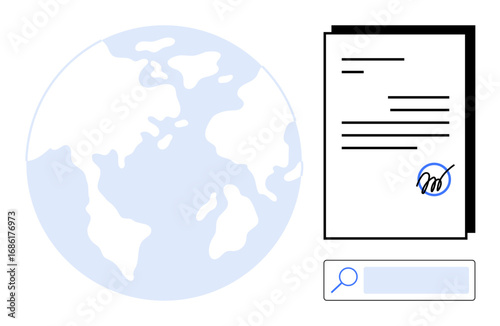 Earth illustration beside signed documents and search bar representing global contracts, digital processes, online agreements. Ideal for global trade, internet tools, technology, legal document
