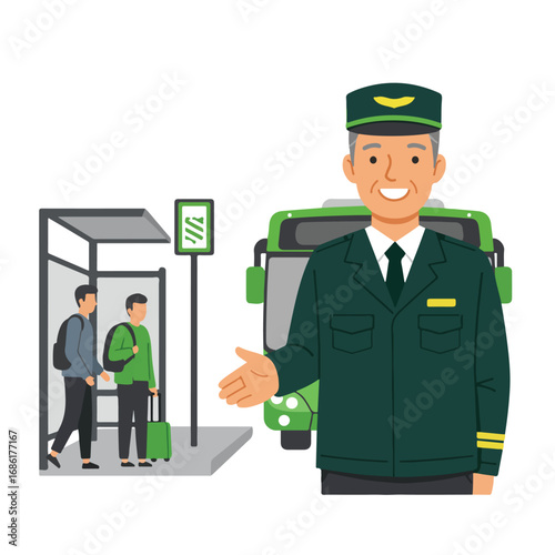 A bus conductor with a green bus and passengers at a bus stop The conductor gestures towards the bus