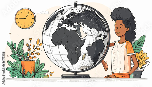 Child studying world globe with clock and plants