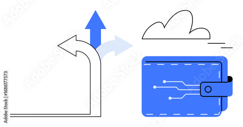 Curved and straight arrows meet near cloud and digital wallet representing finance, data flow, technology adoption. Ideal for innovation, security, fintech, direction, progress, cloud simple flat