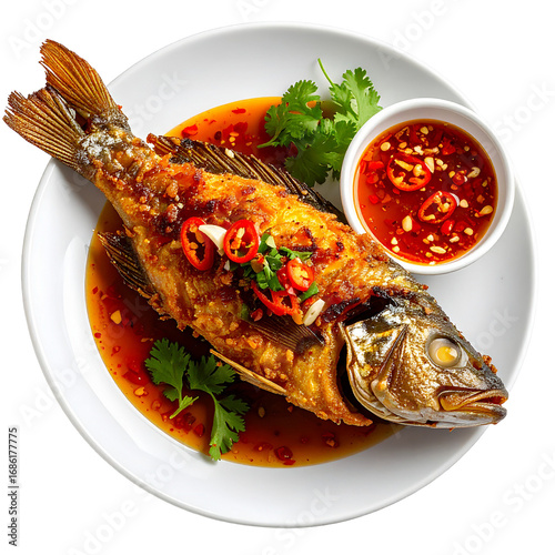 Golden Delight Isolated On White Background: A meticulously presented, crispy fried whole fish sits on a pristine white plate, nestled in a vibrant red sauce. 