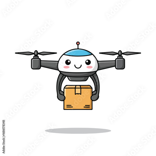 A cartoon drone with propellers carries a brown box It has a face and a blue head The background is white