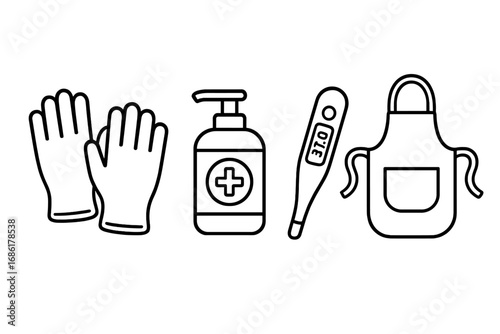 Vendor safety icons. Outline icon set for hygiene and safety. For vendors, food service, and retail. Includes disposable gloves, hand sanitizer, thermometer, and apron.