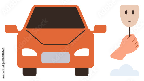 Orange car viewed from the front. Hand lifting a mask on a stick alongside. Ideal for identity, mobility, transportation, duality, self-expression, technology conceptual imagery. Simple flat