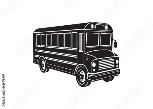Public school bus vector silhouette, black transport vehicle icon illustration.