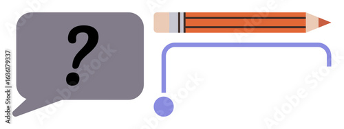 Speech bubble with question mark, pencil, and connected line symbolizing ideas, creativity, communication, and problem-solving. Ideal for brainstorming, messaging, education writing collaboration