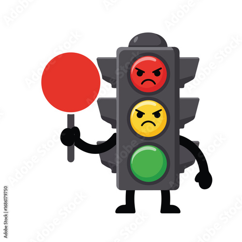 A cartoon traffic light with angry faces The light holds a red circle sign