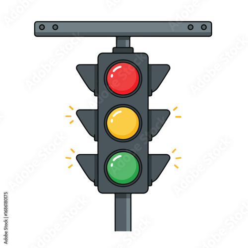 A cartoon traffic light with red yellow and green lights illuminated