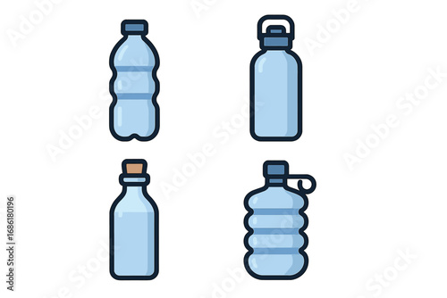 Water bottle icon set. Flat vector graphic of plastic, reusable steel, glass, and cooler jug. For hydration, health, beverage, and eco lifestyle concepts. Isolated collection.