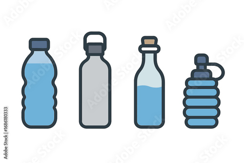 Water bottle icon set. Flat vector illustration of various reusable and disposable drink containers. Collection includes plastic, stainless steel, glass, and collapsible bottles.