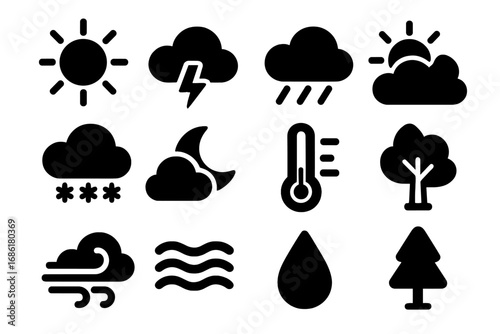 Weather and climate glyph icons set. Solid vector symbols for meteorology forecast. Sun, cloud, rain, snow, wind, storm, temperature, moon, and nature elements. Simple flat design.
