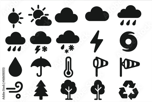 Weather icons set solid silhouette style. Climate and environmental nature symbols. Vector collection of sun, cloud, rain, storm, lightning, snow, wind, tree, recycle.