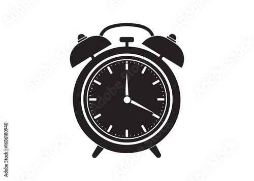Classic Alarm Clock Icon, Black Silhouette, Vintage Timepiece Vector Illustration.