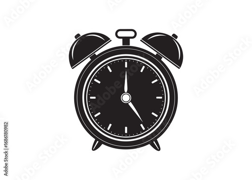Classic Alarm Clock Icon, Black Silhouette, Vintage Timepiece Vector Illustration.