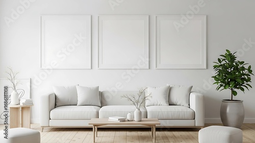 Modern Living Room blank picture poster frame template: A minimalist living space featuring a stylish sofa, a wooden coffee table, and sleek, framed artwork creating an inviting and elegant ambiance.
