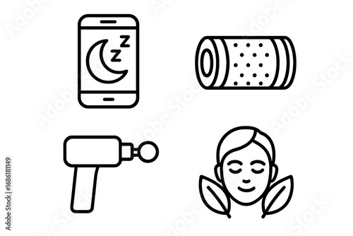 Wellness and recovery outline icon set with sleep tracker app, foam roller for fitness, massage gun for muscle therapy, and natural skincare for relaxation. Self-care vector.