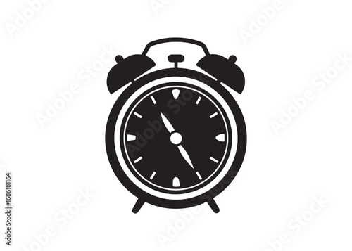 Retro Alarm Clock Icon, Black Silhouette, Front View Vector Illustration.