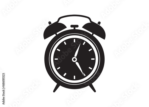 Alarm Clock Vector, Classic Silhouette, Vintage Timepiece Icon.
