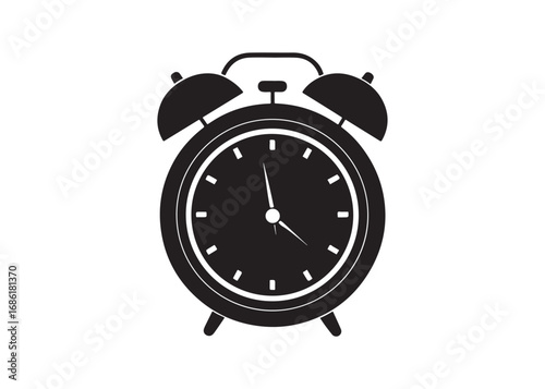 Retro Alarm Clock Icon, Black Silhouette, Front View Vector Illustration.