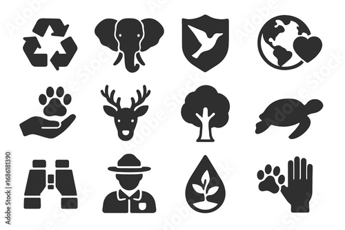 Wildlife conservation solid icon set. Nature preservation, ecology, animal protection symbols. Vector glyph collection for environment care, recycling, sustainability, biodiversity.