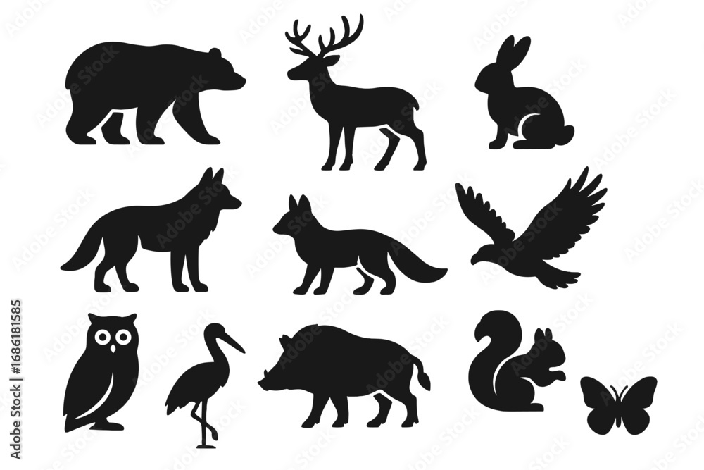 Obraz premium Wildlife silhouette vector icon set. Forest animals collection. Bear, deer, wolf, fox, eagle, owl, boar, squirrel, rabbit, butterfly. Black solid animal shapes for logo design.