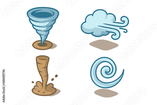 Wind phenomena icons set. Isometric cartoon vector illustration of weather elements like tornado, funnel, gust, cloud, dust devil, sandstorm, whirlwind, and air swirl concepts.