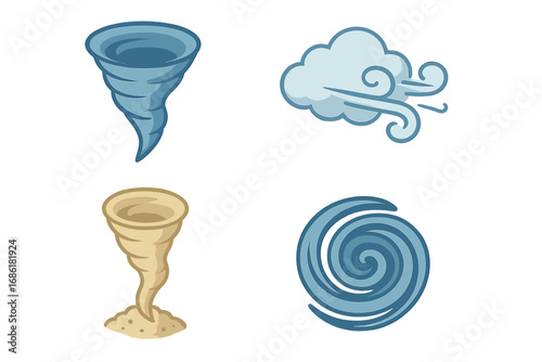 Wind phenomena icons set. Isometric flat vector cartoon illustration of weather elements like tornado, funnel, gust cloud, dust devil, whirlwind swirl, cyclone, and storm.