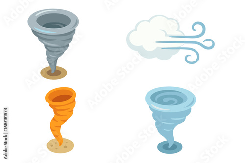Isometric wind phenomena icon set. Vector cartoon illustration of weather storm, tornado, funnel, gust cloud, dust devil, whirlwind swirl, cyclone, hurricane, twister graphic.