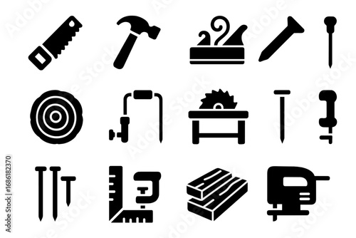 Woodworking and carpentry solid glyph icon set. Collection of construction and craft tool symbols. Hammer, saw, wood plane, drill, and lumber vector graphic elements.