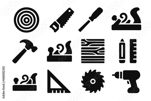 Woodworking and carpentry tools solid icons set. Vector glyph collection of joinery equipment symbols. Craft items like saw, hammer, drill, plane, and chisel for DIY projects.