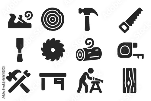 Woodworking solid icons set with filled carpentry and crafting symbols. Vector collection of workshop tools like hammer, saw, chisel, and plane for joinery and DIY projects.