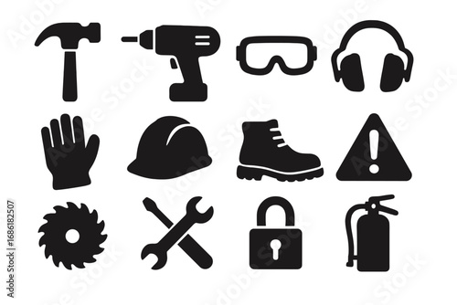Workshop safety icons. Construction tools and protection equipment silhouette set. Vector symbols for health and safety, PPE, hard hat, gloves, drill, hammer, fire extinguisher.