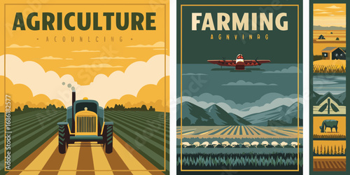 Retro style agricultural posters showcase farming with a tractor and an airplane