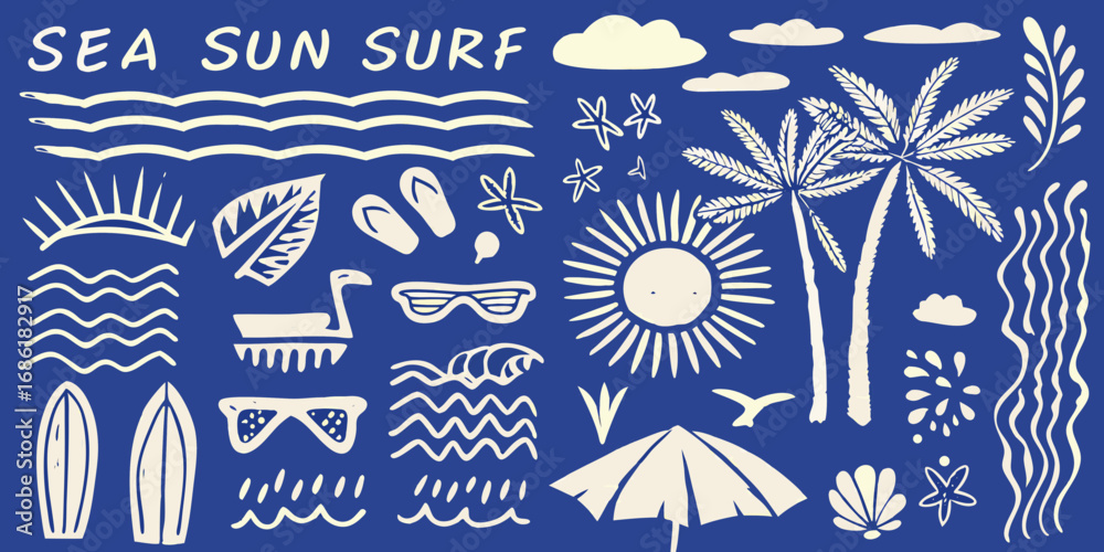 Naklejka premium Summer beach vacation elements collection with sun surf palm trees and tropical icons