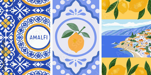 Amalfi coast italian village with lemons and blue white tile patterns