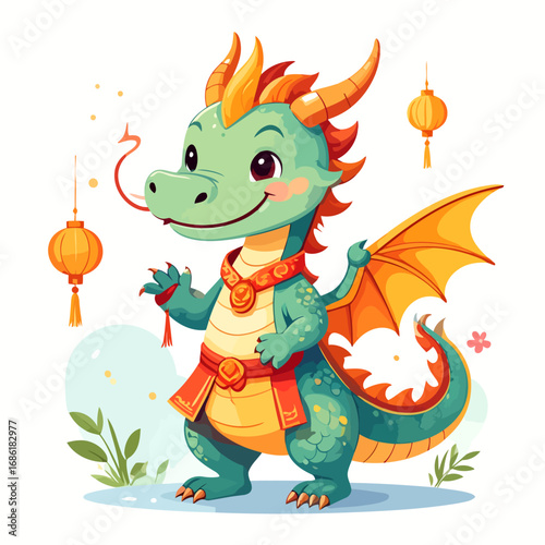 Cute cartoon dragon with orange accents and festive lanterns.