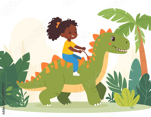 A happy young girl rides a friendly green dinosaur through a jungle setting.
