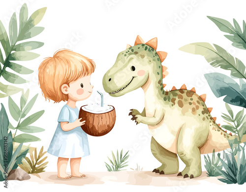 Cute watercolor illustration of a little girl sharing a coconut drink with a friendly dinosaur.