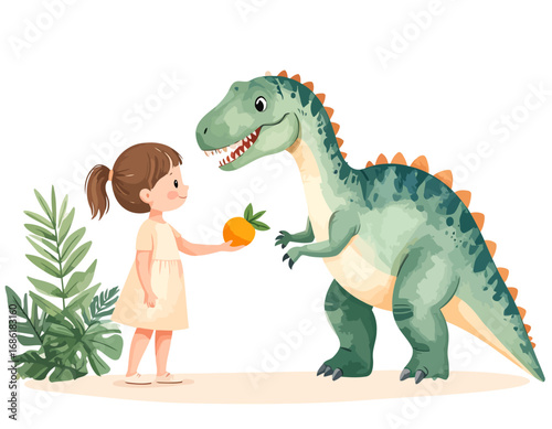 Little girl feeding friendly dinosaur a pineapple in a charming illustration.
