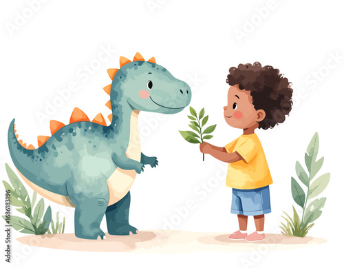 Cute cartoon dinosaur and a young boy sharing a leaf.